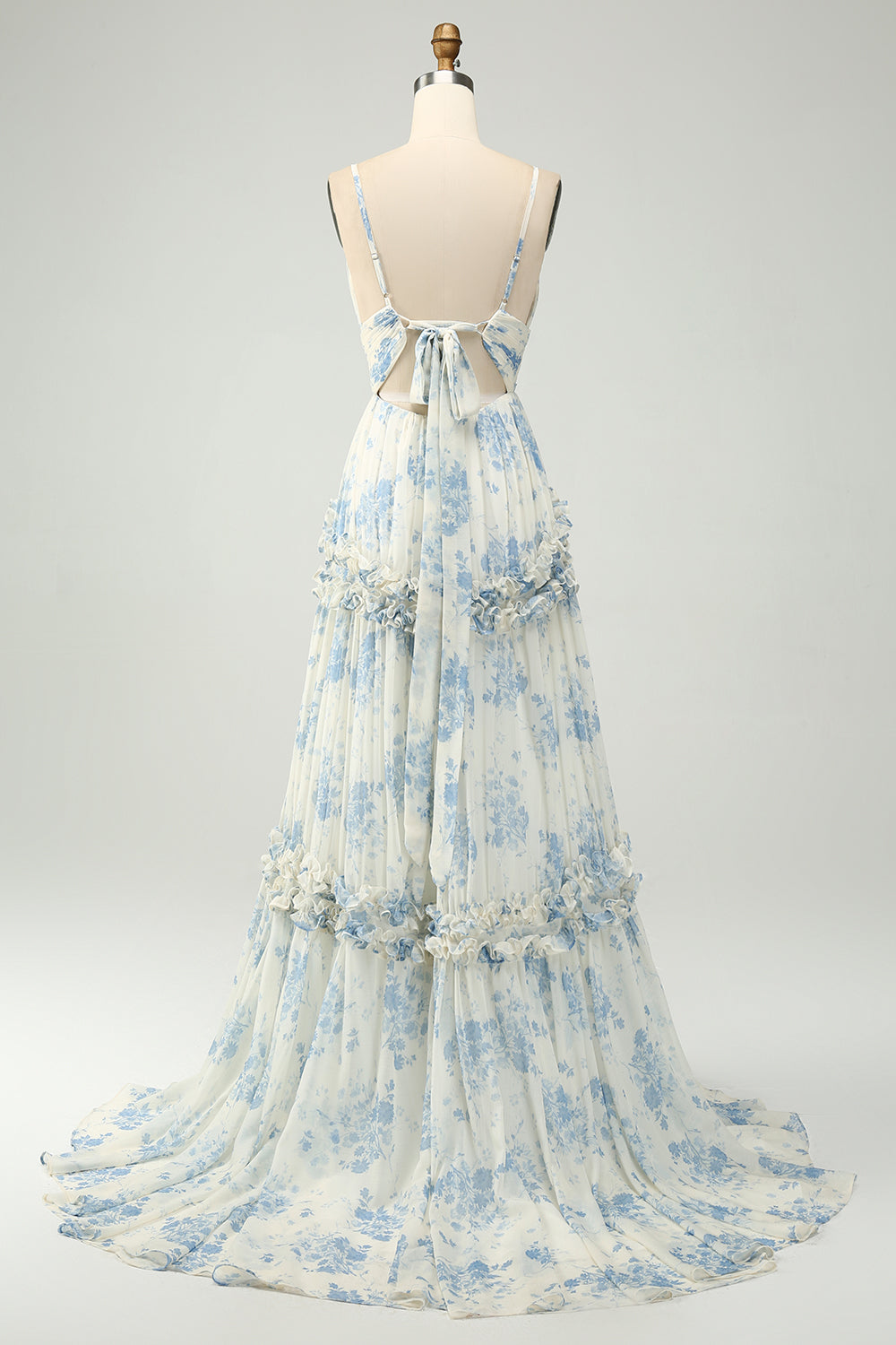 Zapakasa Women White Blue Flower Bridesmaid Dress with Ruffles A Line Spaghetti Straps Long Tulle Wedding Guest Dress Zapakasa Women White Blue Flower Bridesmaid Dress with Ruffles A Line Spaghetti Straps Long Tulle Wedding Guest Dress
