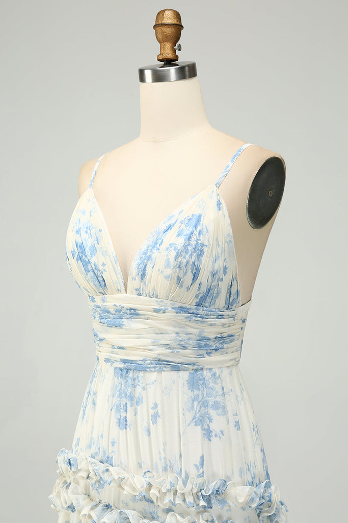 White Flower Blue Spaghetti Tube Dress