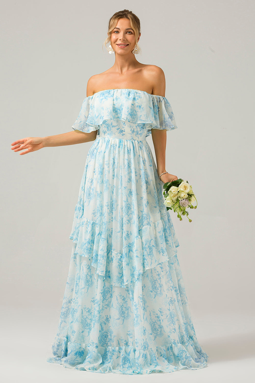 blue floral off the shoulder maxi dress Petal and Pup Women's Codie Off Shoulder Maxi Dress