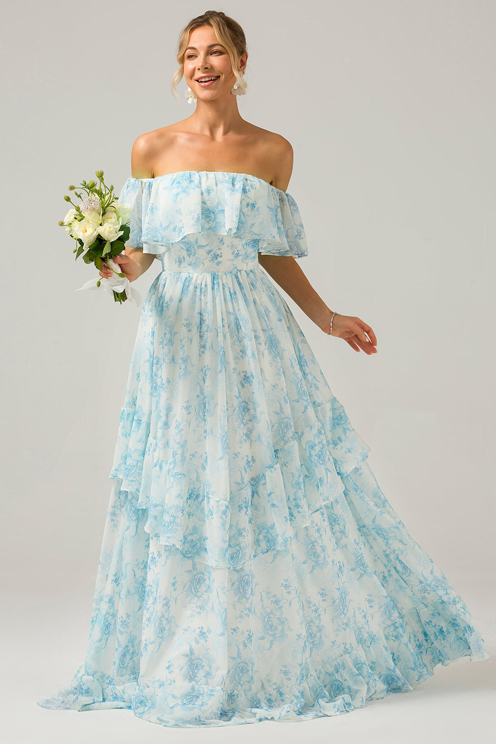 light blue floral bridesmaid dress Blue Floral A-Line Cowl Sleeveless Slit Long Chiffon Bridesmaid Dresses