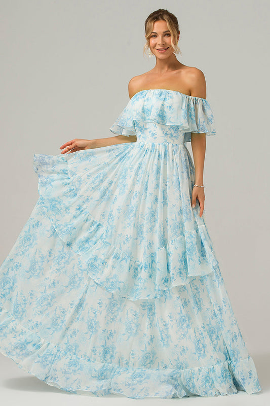 White Blue Floral Off The Shoulder Boho Long Bridesmaid Dress with Ruffles