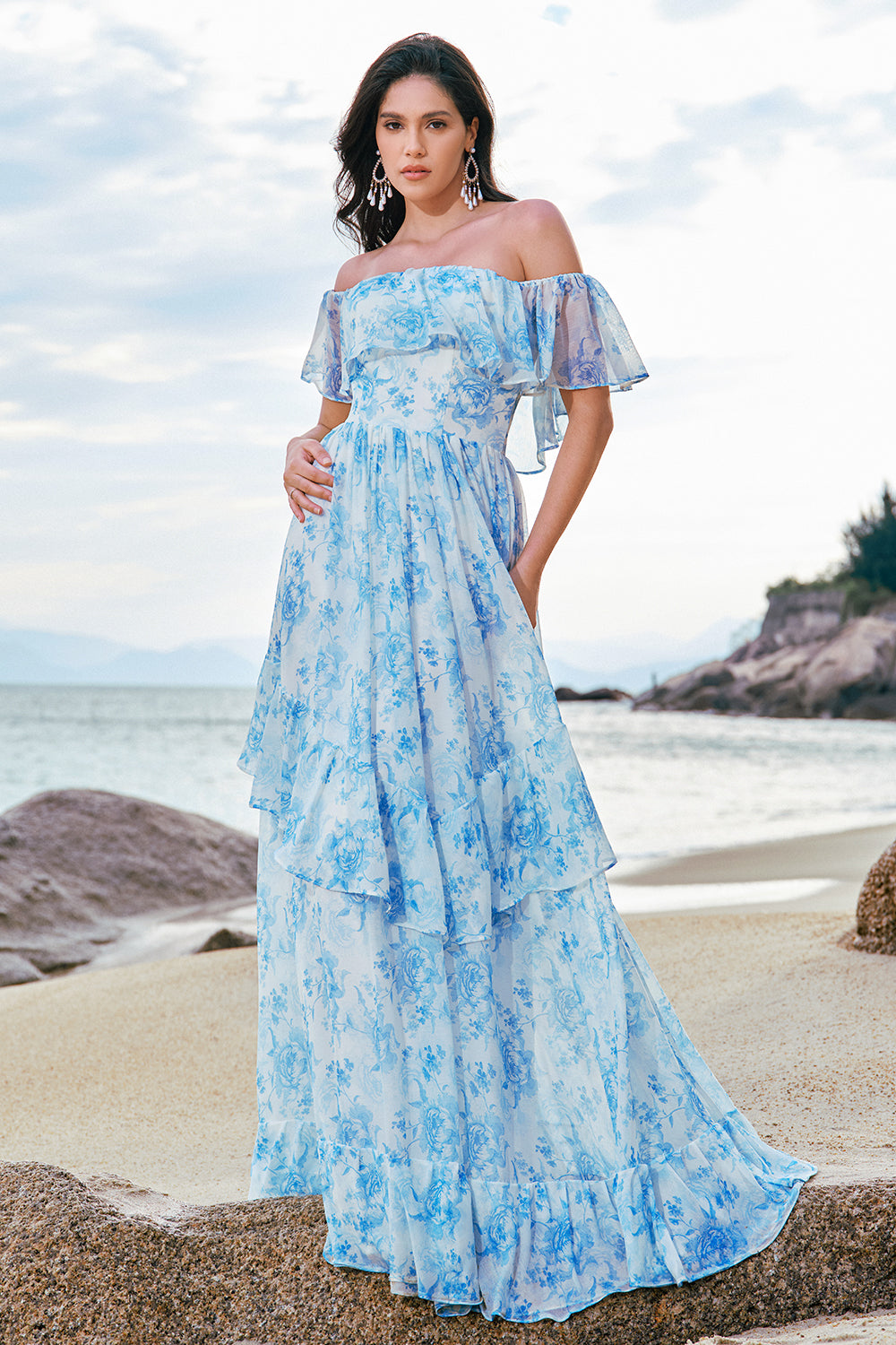 White Blue Flower Off The Shoulder Long Boho Bridesmaid Dress with Ruffles