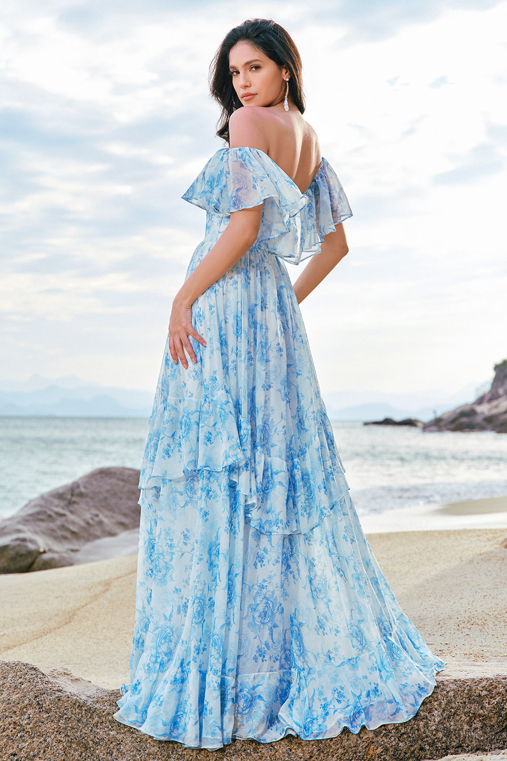 White Blue Flower Off The Shoulder Long Boho Bridesmaid Dress with Ruffles