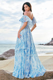 White Blue Flower Off The Shoulder Long Boho Bridesmaid Dress with Ruffles