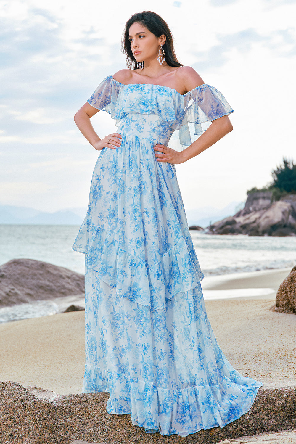 White Blue Flower Off The Shoulder Long Boho Bridesmaid Dress with Ruffles