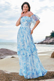 White Blue Flower Off The Shoulder Long Boho Bridesmaid Dress with Ruffles