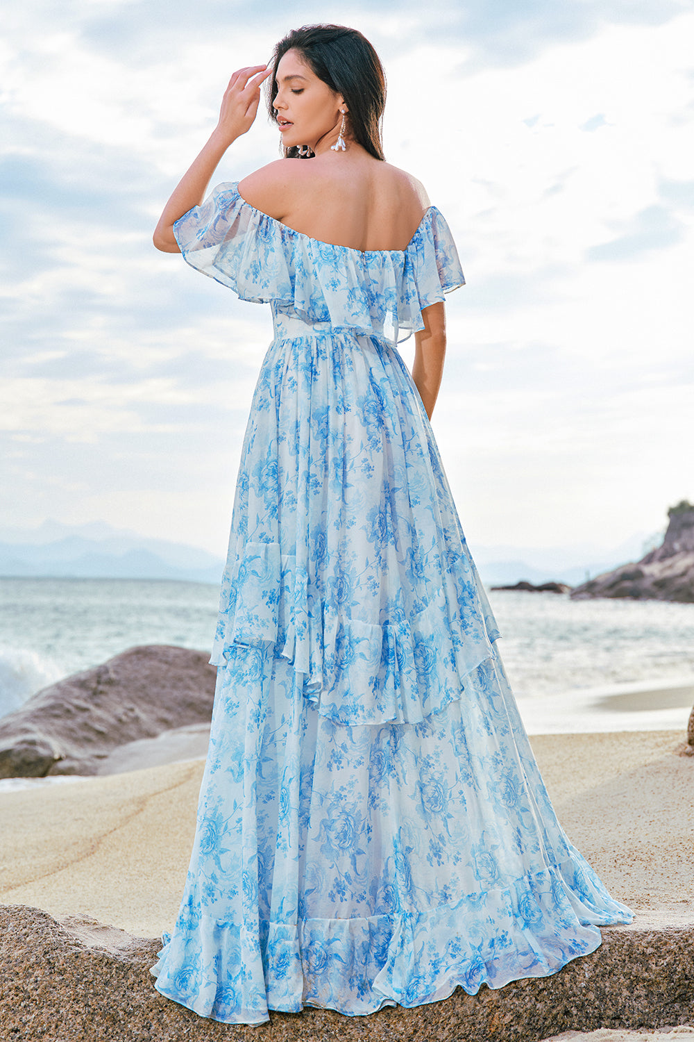 White Blue Flower Off The Shoulder Long Boho Bridesmaid Dress with Ruffles
