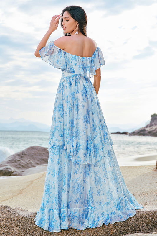 White Blue Flower Off The Shoulder Long Boho Bridesmaid Dress with Ruffles