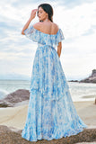 White Blue Flower Off The Shoulder Long Boho Bridesmaid Dress with Ruffles