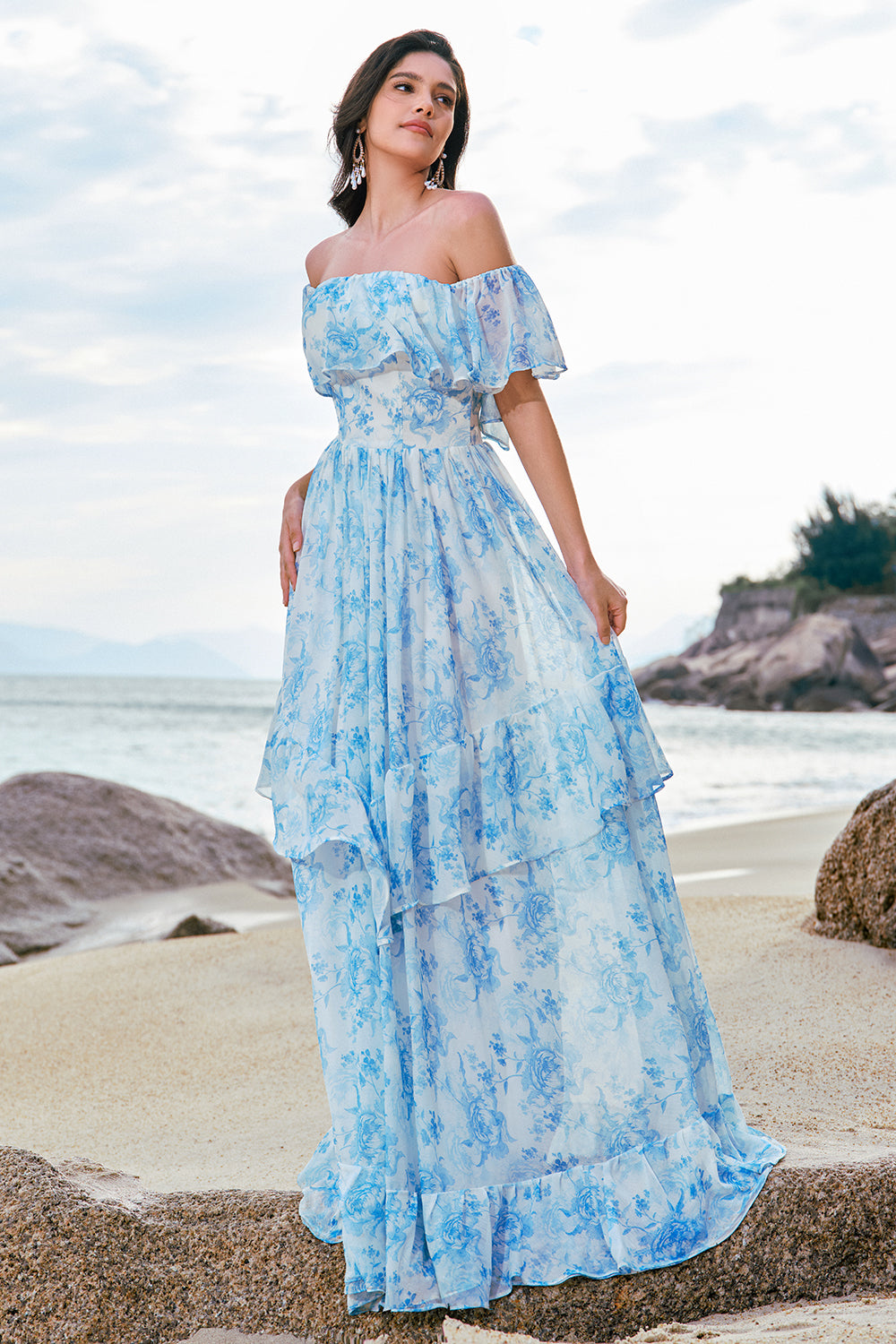 White Blue Flower Off The Shoulder Long Boho Bridesmaid Dress with Ruffles