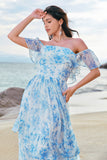 White Blue Flower Off The Shoulder Long Boho Bridesmaid Dress with Ruffles