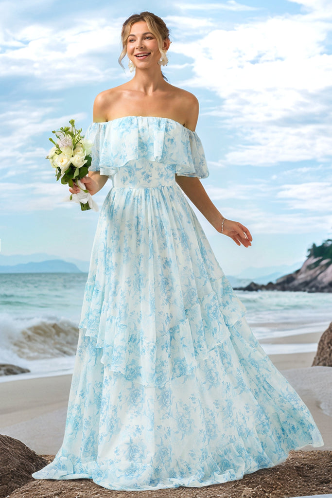 Zapakasa Women White Blue Floral Boho Long Bridesmaid Dress With zapakasa-women-white-blue-floral-boho-long-bridesmaid-dress-with