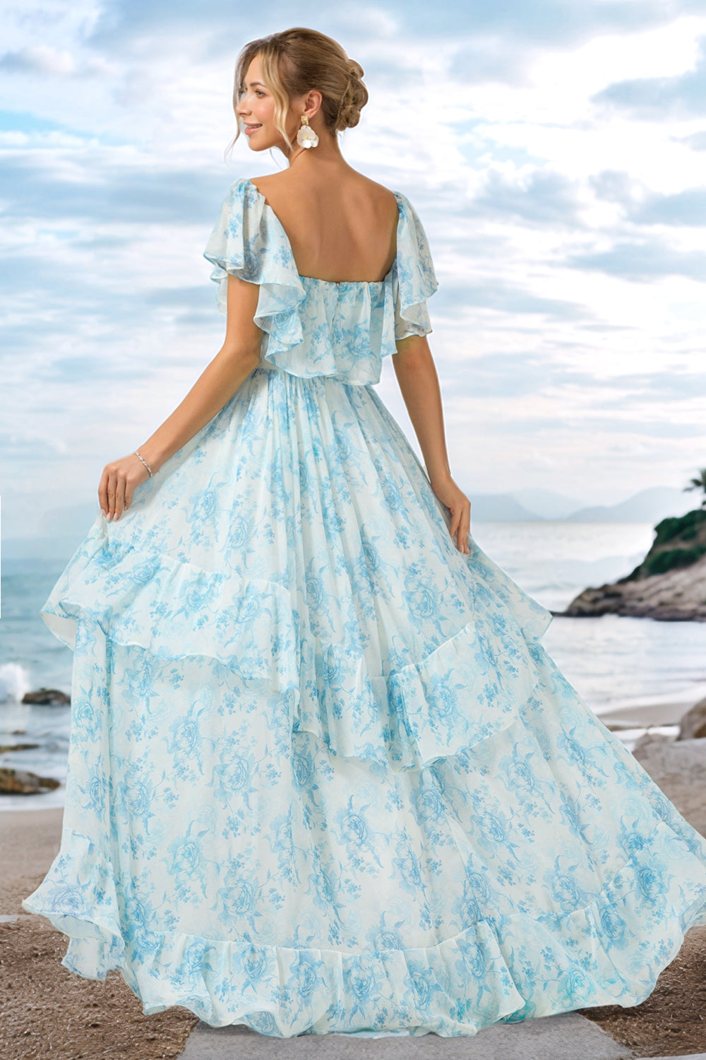 Zapakasa Women White Blue Floral Boho Long Bridesmaid Dress with Ruffles Off the Shoulder Wedding Guest Dress Zapakasa Women White Blue Floral Boho Long Bridesmaid Dress with Ruffles Off the Shoulder Wedding Guest Dress