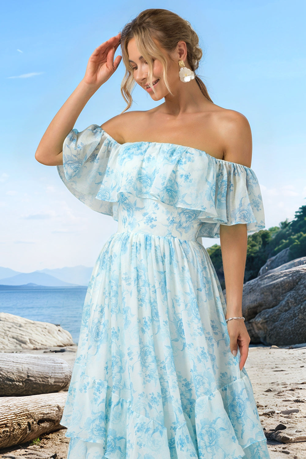Zapakasa Women White Blue Floral Boho Long Bridesmaid Dress with Ruffles Off the Shoulder Wedding Guest Dress Zapakasa Women White Blue Floral Boho Long Bridesmaid Dress with Ruffles Off the Shoulder Wedding Guest Dress