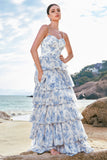 White Blue Flower Prom Dress A-Line Tiered Long Bridesmaid Dress With Ruffles