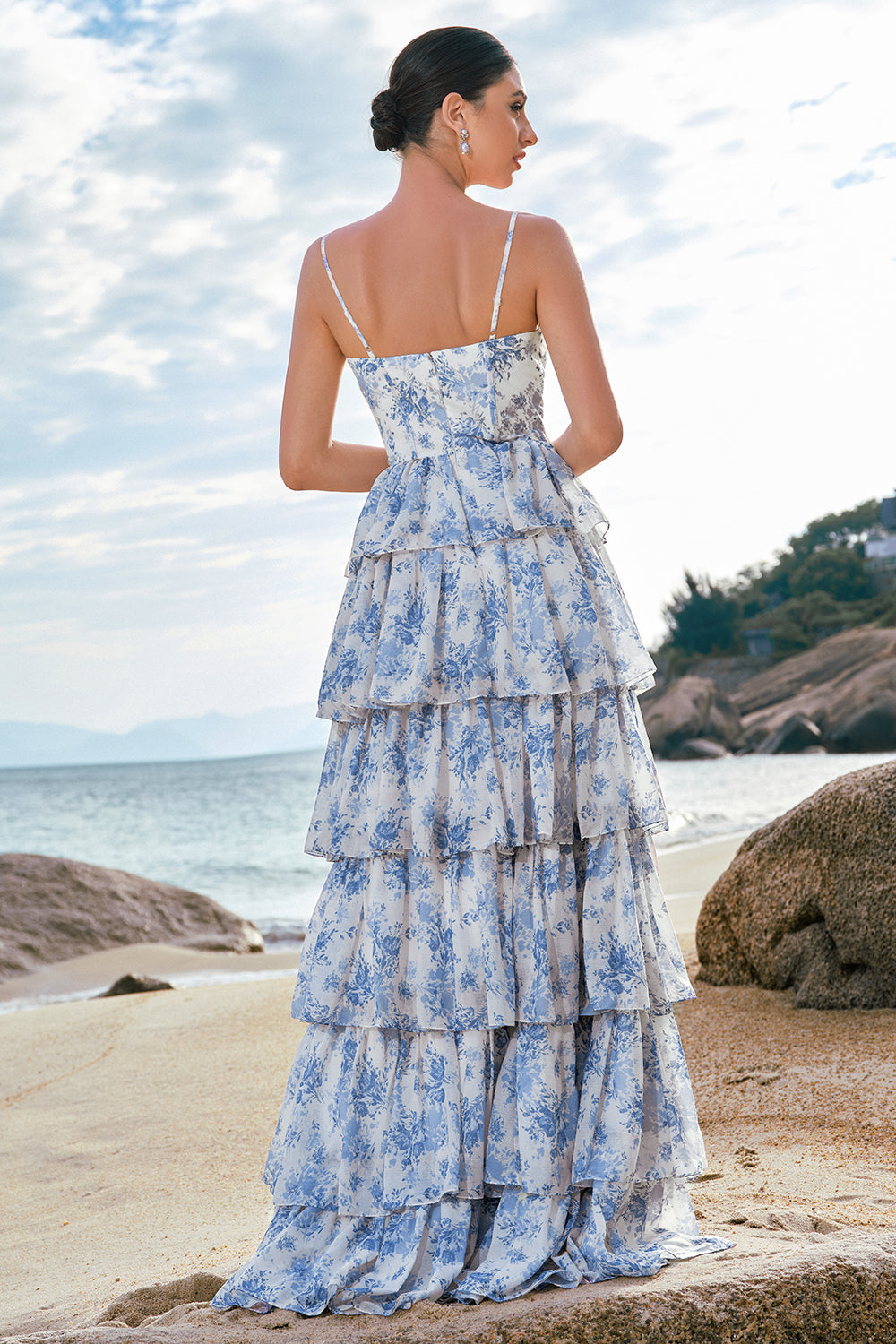 Zapakasa Women White Blue Flower Prom Dress A-Line Tiered Long Bridesmaid Dress With Ruffles Zapakasa Women White Blue Flower Prom Dress A-Line Tiered Long Bridesmaid Dress With Ruffles