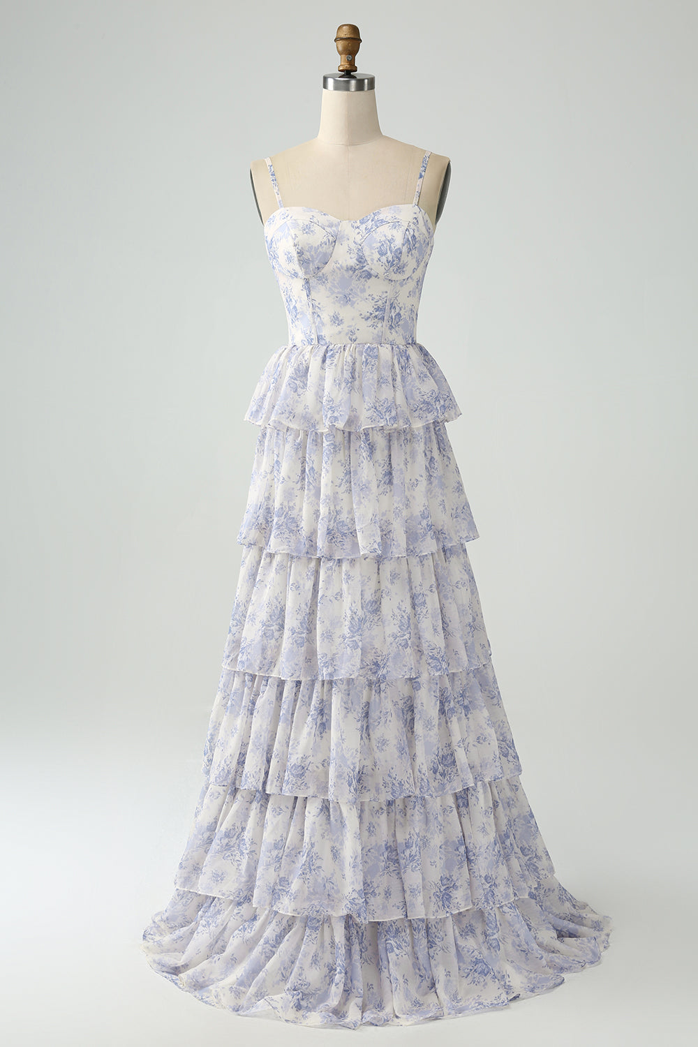 White Blue Flower Long Bridesmaid Dress With Ruffles A Line Spaghetti Straps Prom Dress