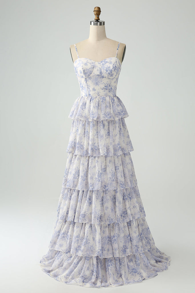 Zapakasa Women White Blue Flower Long Bridesmaid Dress With Ruffles A
