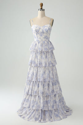 White Blue Flower Long Bridesmaid Dress With Ruffles A Line Spaghetti Straps Prom Dress