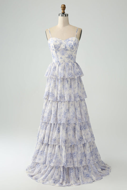White Blue Flower Long Bridesmaid Dress With Ruffles A Line Spaghetti Straps Prom Dress