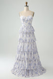 White Blue Flower Long Bridesmaid Dress With Ruffles A Line Spaghetti Straps Prom Dress