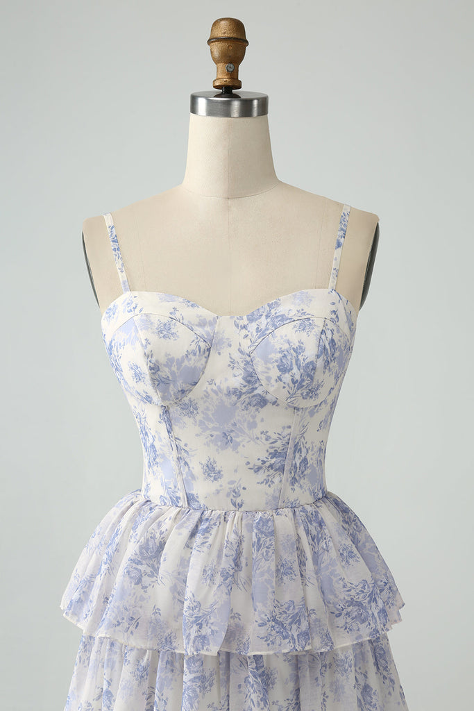 White Blue Flower A Line Long Tulle Bridesmaid Dress with Ruffles