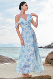 A-Line White Blue Flower Chiffon Bridesmaid Dress with Slit