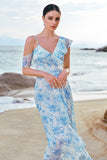 A-Line White Blue Flower Chiffon Bridesmaid Dress with Slit