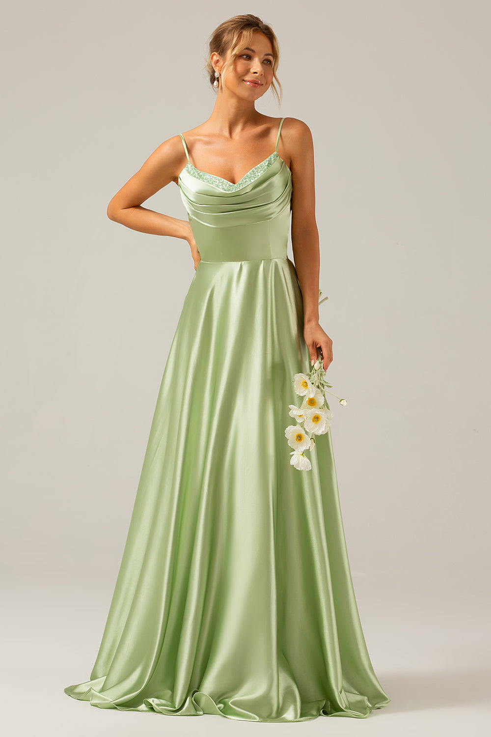 Zapakasa Women Dusty Sage Bridesmaid Dress with Pleated A Line Cowl Neck Satin Long Prom Dress