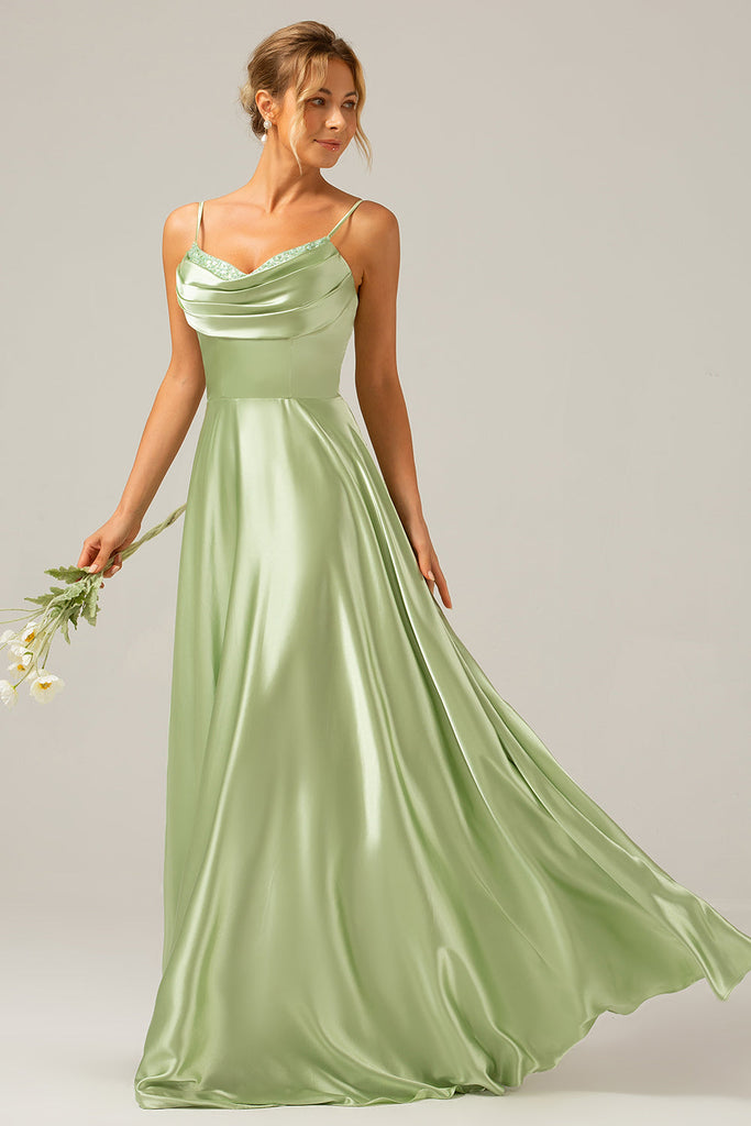 Dusty Sage A Line Strapless Satin Long Bridesmaid Dress