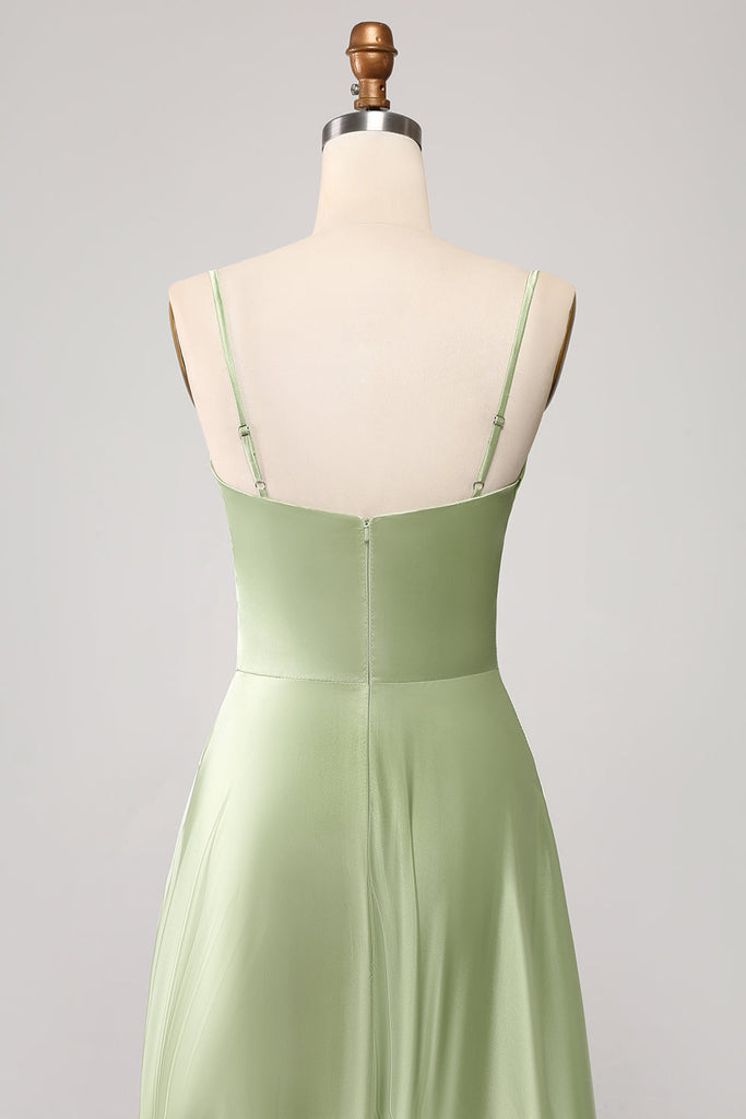 A-line Cowl Neck Satin Dress with Slit Dusty Sage Plus Size