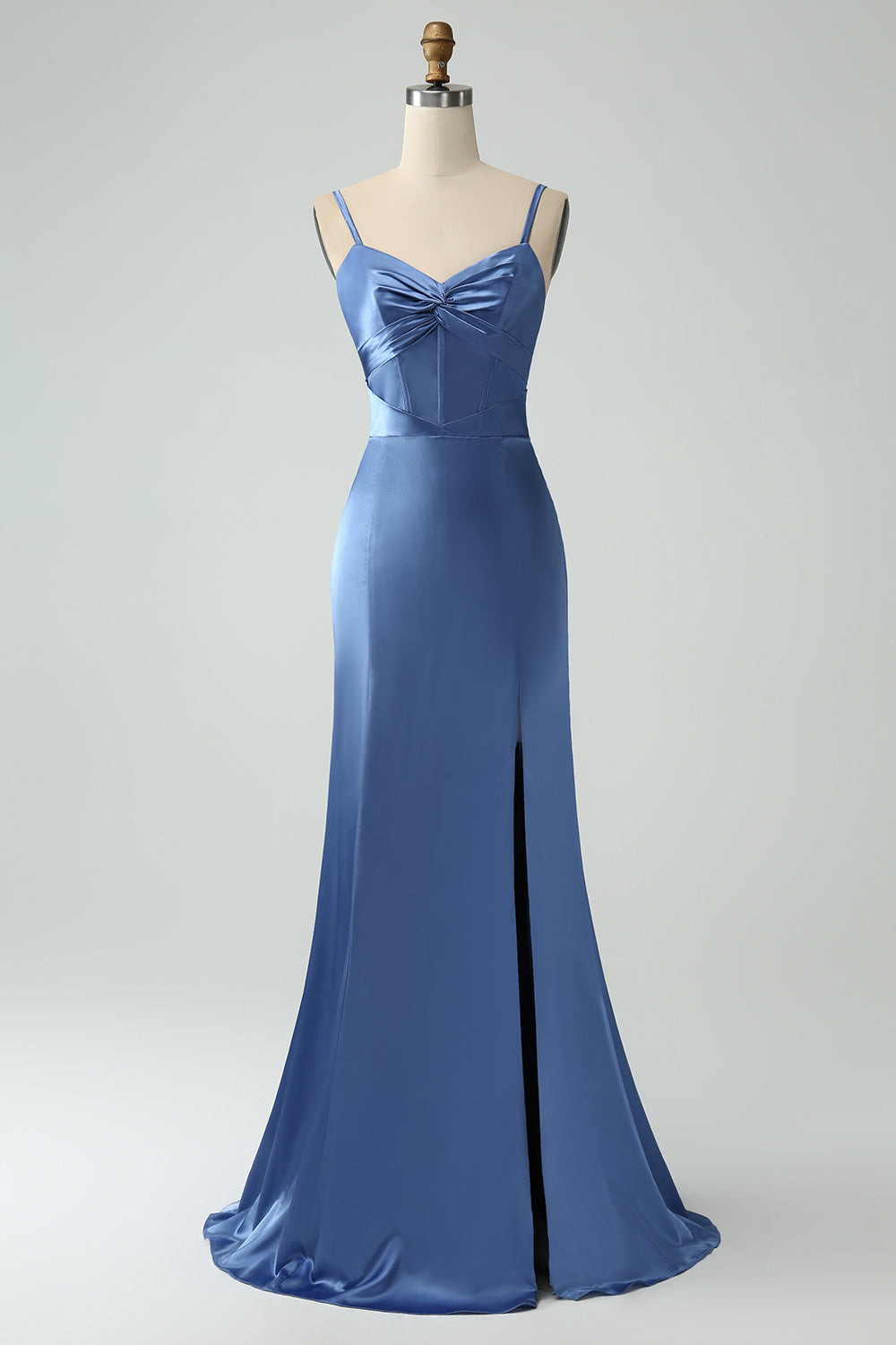 Simple Grey Blue Mermaid Long Bridesmaid Dress with Slit Spaghetti Straps Satin Formal Dress with Bow