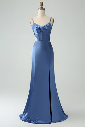 Simple Grey Blue Mermaid Long Bridesmaid Dress with Slit Spaghetti Straps Satin Formal Dress with Bow