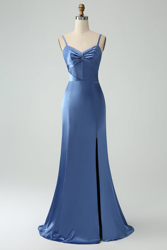 Simple Grey Blue Mermaid Long Bridesmaid Dress with Slit Spaghetti Straps Satin Formal Dress with Bow
