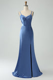 Simple Grey Blue Mermaid Long Bridesmaid Dress with Slit Spaghetti Straps Satin Formal Dress with Bow