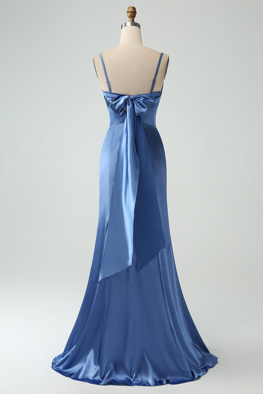 Zapakasa Women Simple Grey Blue Mermaid Long Bridesmaid Dress with Slit Spaghetti Straps Satin Formal Party Dress with Bow Zapakasa Women Simple Grey Blue Mermaid Long Bridesmaid Dress with Slit Spaghetti Straps Satin Formal Party Dress with Bow