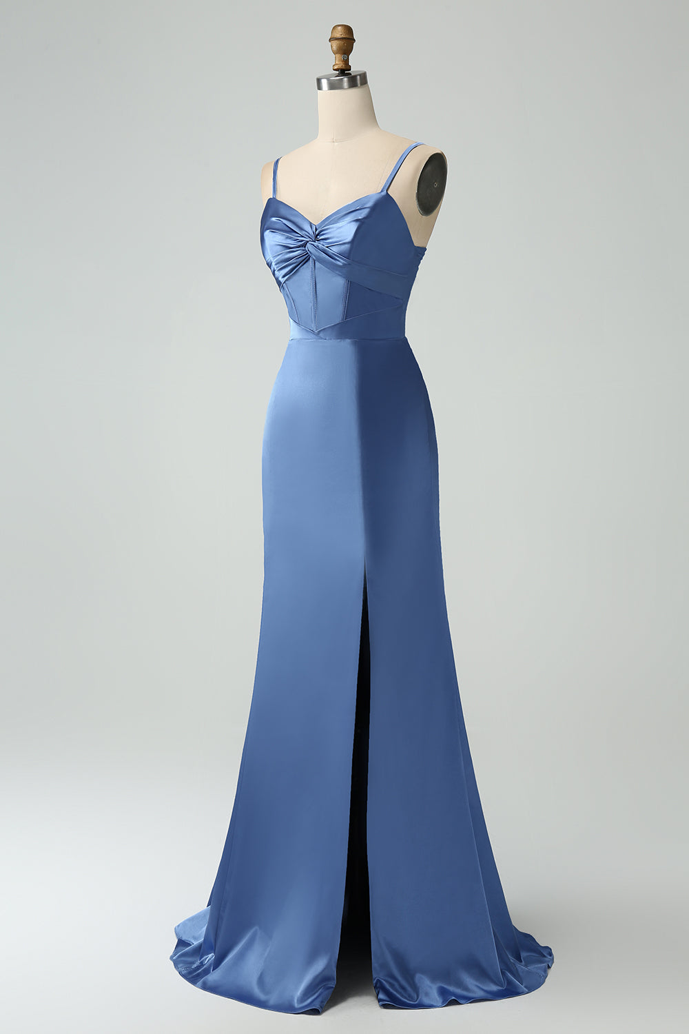 Zapakasa Women Simple Grey Blue Mermaid Long Bridesmaid Dress with Slit Spaghetti Straps Satin Formal Dress with Bow Zapakasa Women Simple Grey Blue Mermaid Long Bridesmaid Dress with Slit Spaghetti Straps Satin Formal Dress with Bow
