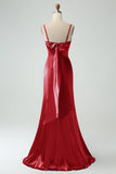 Grey Blue Mermaid Spaghetti Straps Long Satin Bridesmaid Dress with Slit