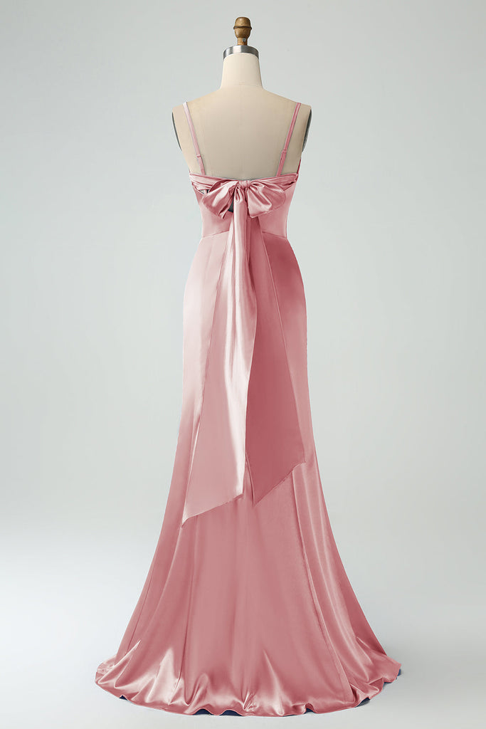 Mermaid Grey Blue Satin Spaghetti Straps Pleated Maxi Dress