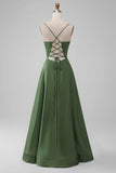 Green A Line Spaghetti Straps Satin Long Bridesmaid Dress