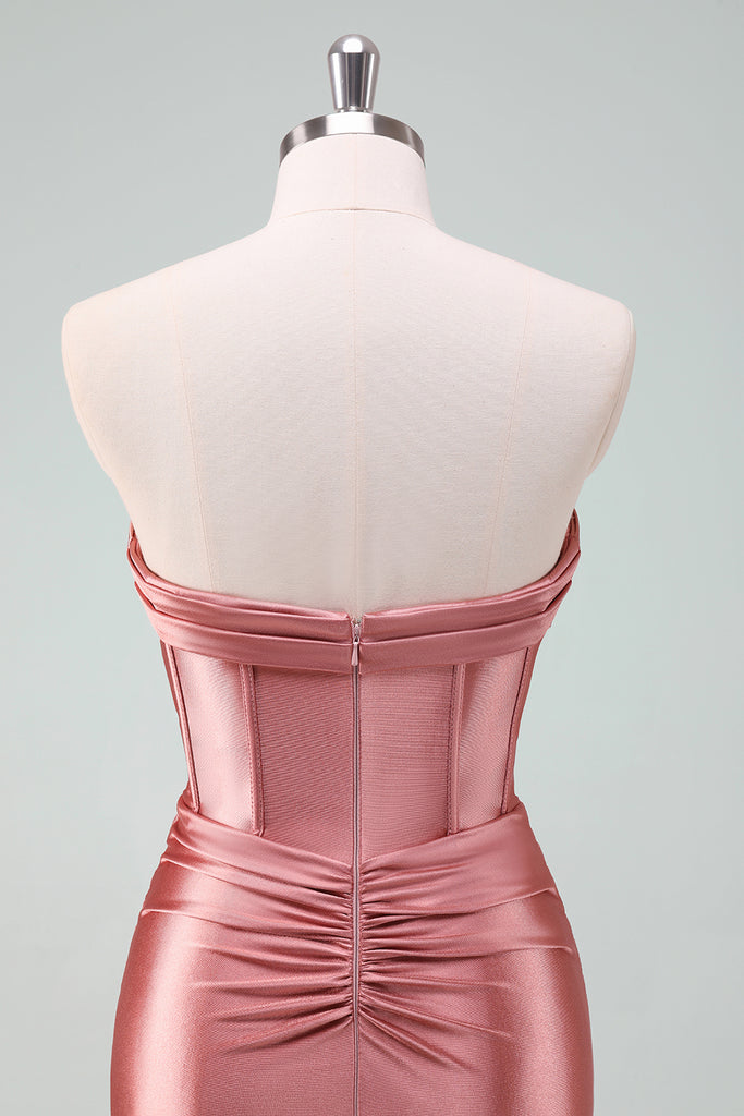 Chic Fuchsia Bodycon Pleated Corset Short Homecoming Dress with Beading