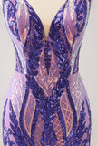 Glitter Fuchsia V Neck Tight Backless Short Homecoming Dress with Sequins