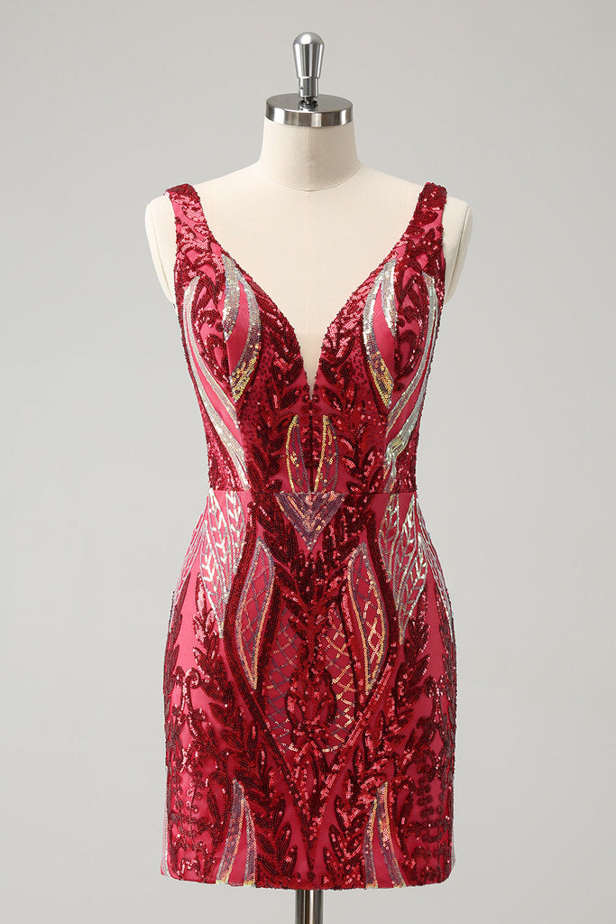Sparkly Fuchsia Sequins Long Sleeves Backless Tight Short Homecoming Dress VK23081708