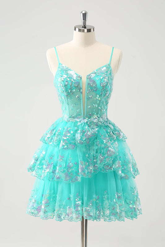 Cute Sparkly A-Line Green Spaghetti Straps Tiered Homecoming Dress with Sequins