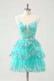 Cute Sparkly A-Line Green Spaghetti Straps Tiered Homecoming Dress with Sequins