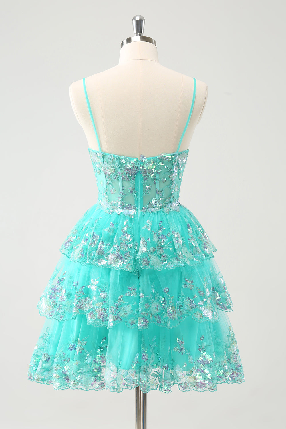 Cute Sparkly A-Line Green Spaghetti Straps Tiered Homecoming Dress with Sequins