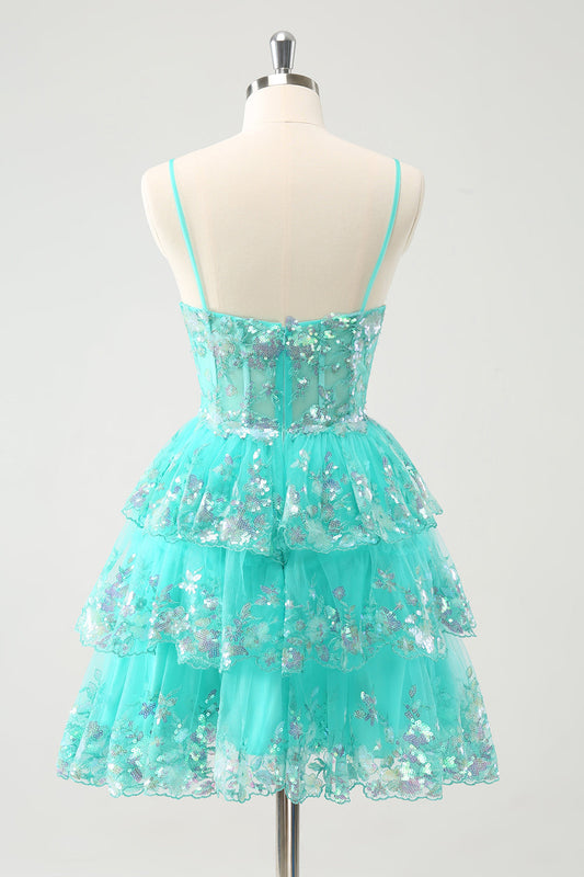 Cute Sparkly A-Line Green Spaghetti Straps Tiered Homecoming Dress with Sequins