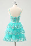 Cute Sparkly A-Line Green Spaghetti Straps Tiered Homecoming Dress with Sequins