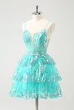 Cute Sparkly A-Line Green Spaghetti Straps Tiered Homecoming Dress with Sequins