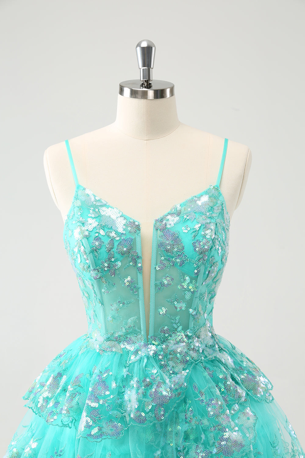 Cute Sparkly A-Line Green Spaghetti Straps Tiered Homecoming Dress with Sequins